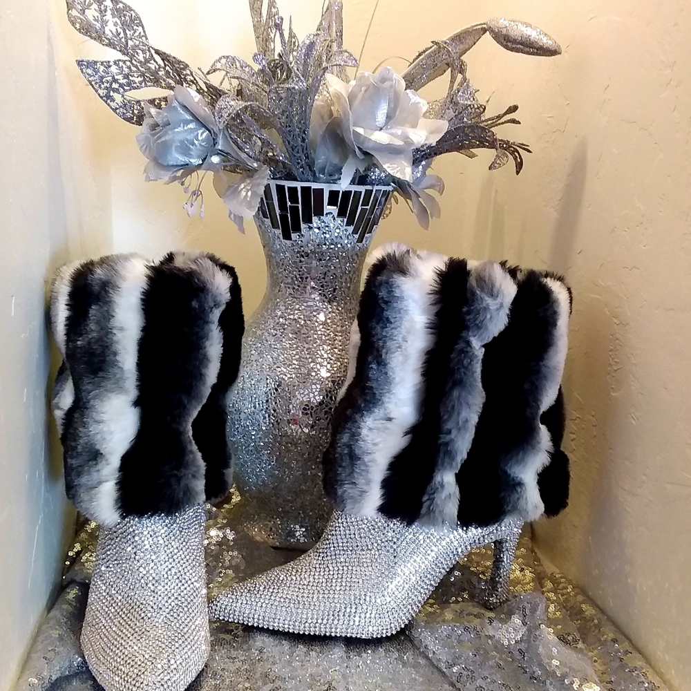 Custom Reversible Rhinestone Crystal Faux Chinchilla Fur Ankle Booties